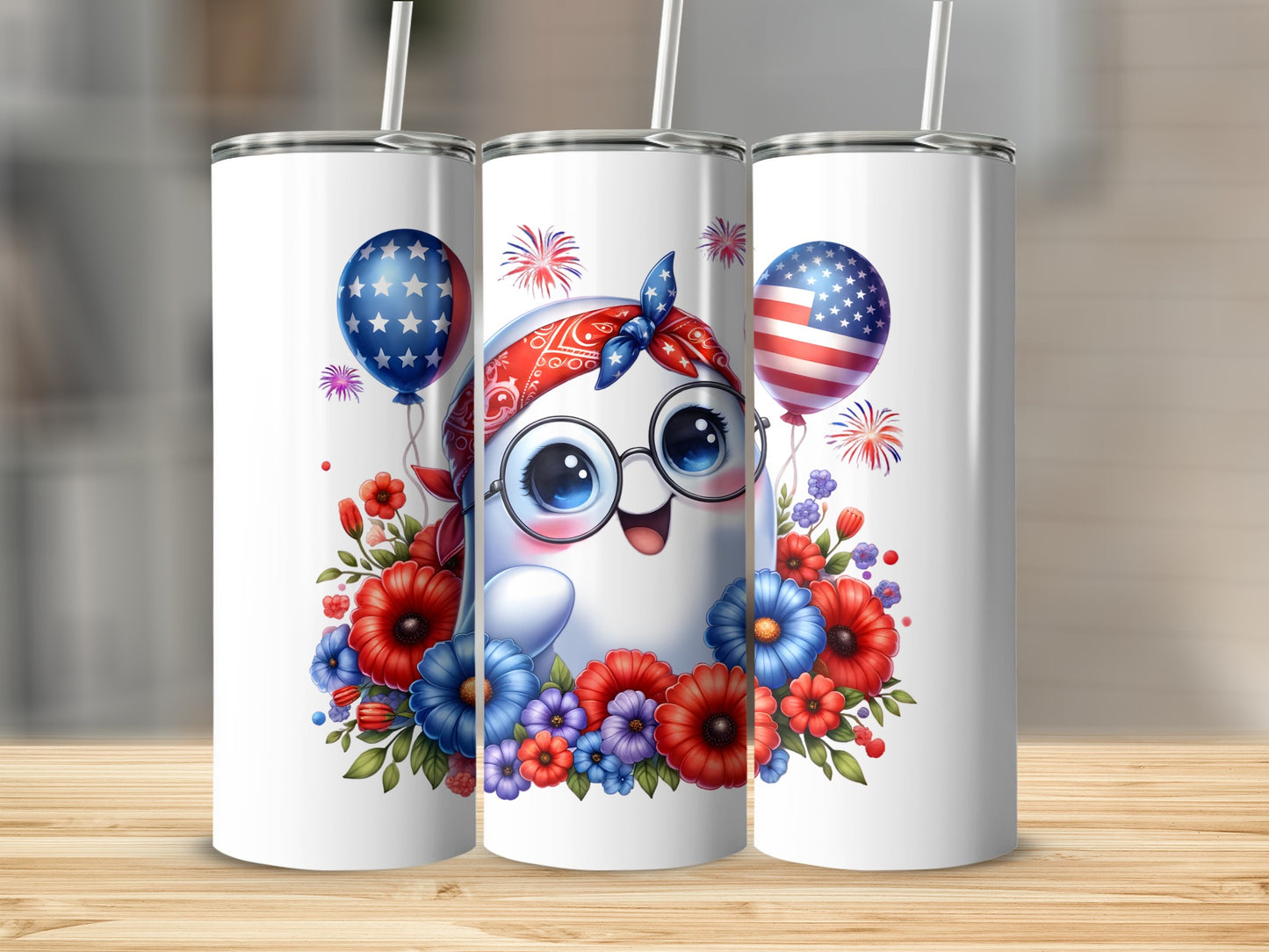 Ghost with bandana and balloons surrounded by flowers, patriotic theme.
