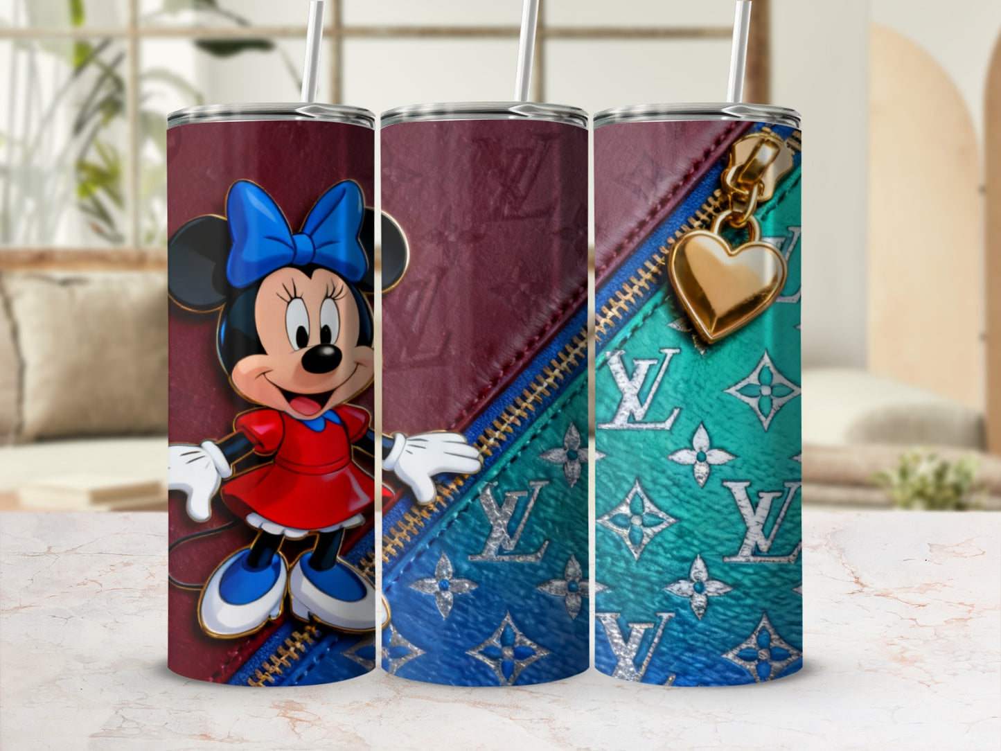 Minnie Mouse on tumbler with Louis Vuitton inspired pattern and gold zipper.