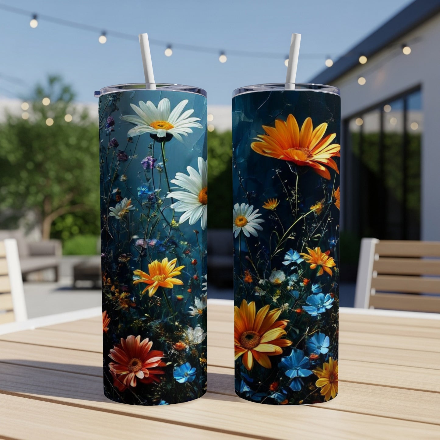 Two tumblers with colorful floral designs sit on a table outdoors.
