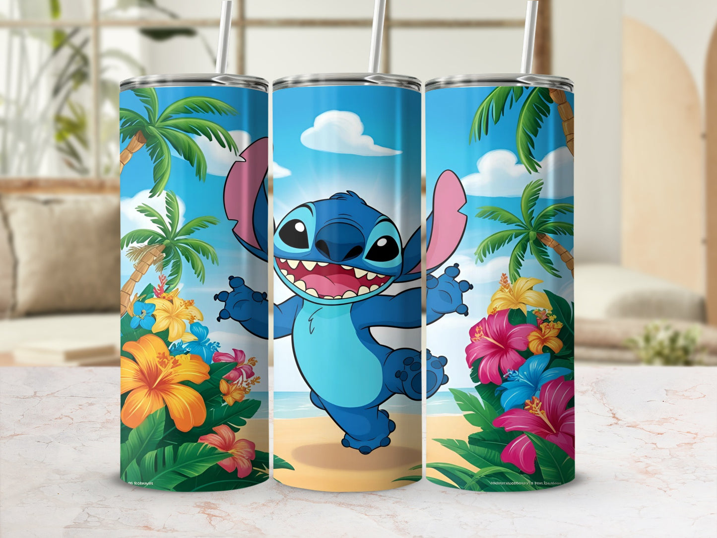 Blue cartoon alien Stitch with arms outstretched, surrounded by palm trees and tropical flowers.