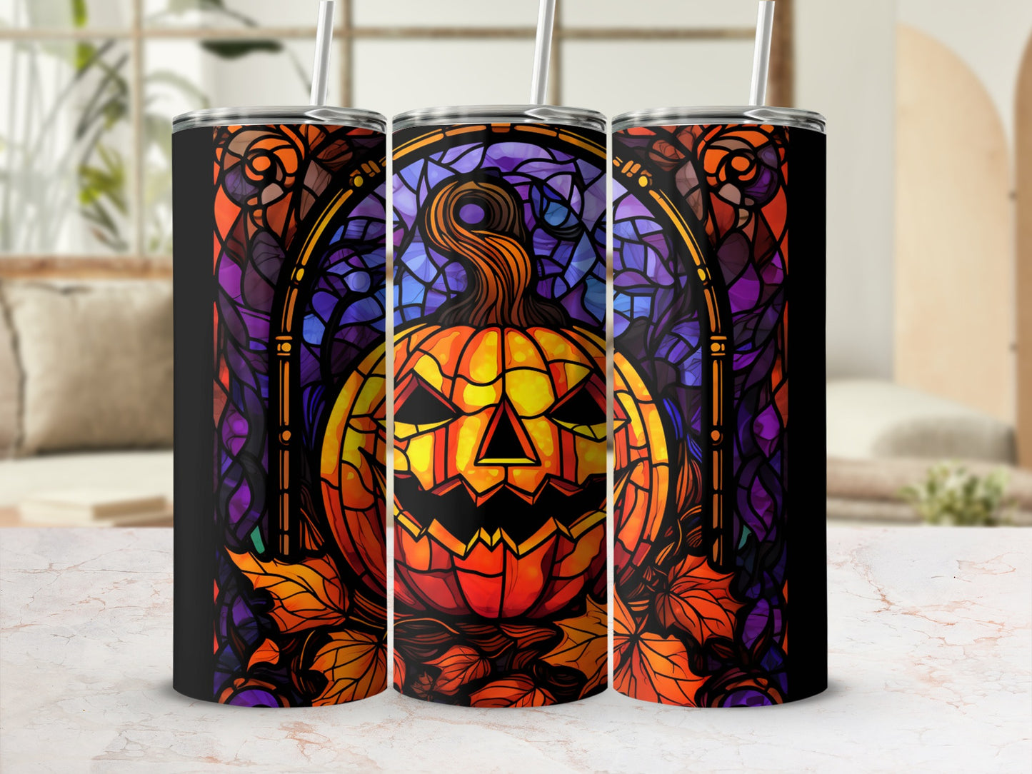 Tapered tumbler with stained glass jack-o'-lantern and autumn leaves design.