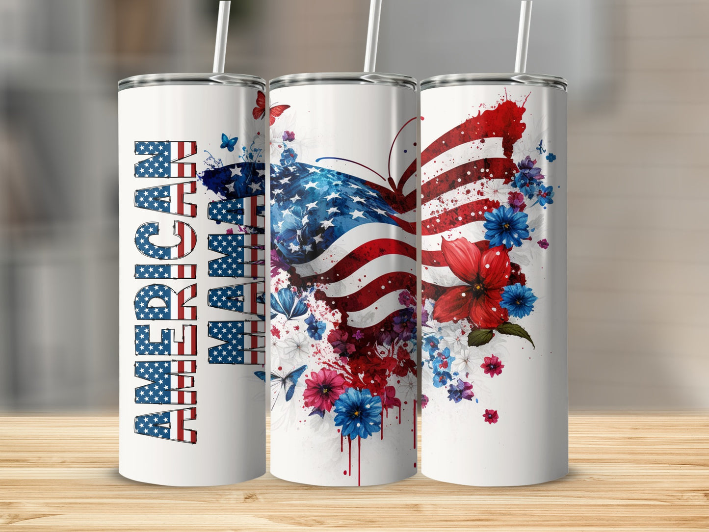 Three tumblers with American flag and floral butterfly designs.