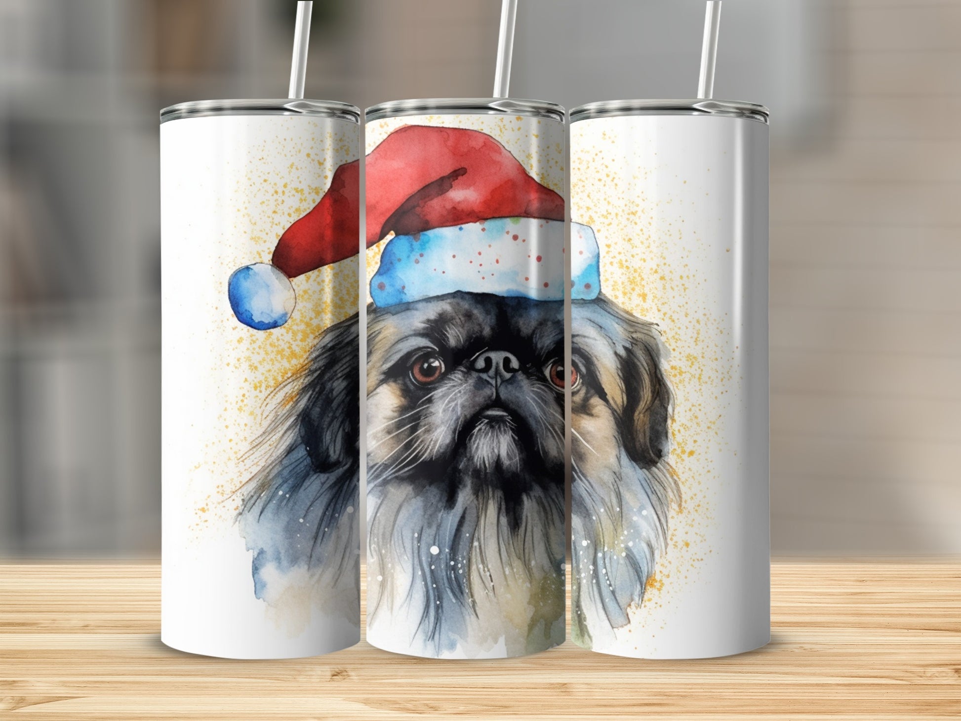 Pekingese dog wearing a Santa hat, watercolor illustration on three tumblers.