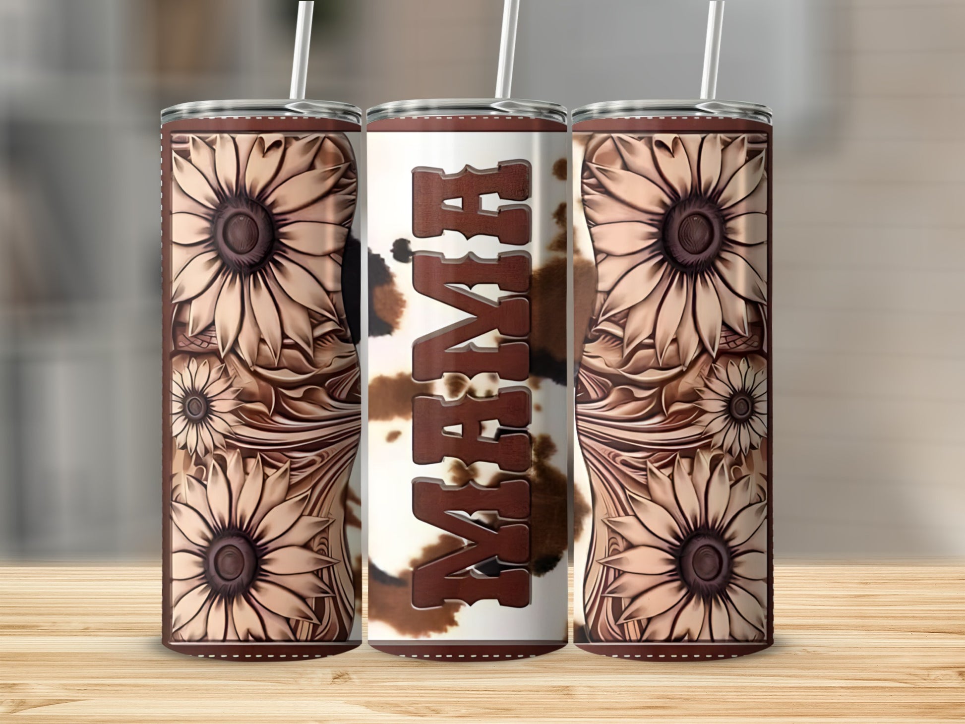 Tall tumbler with sunflower and cowhide design, "Mama" text centered.