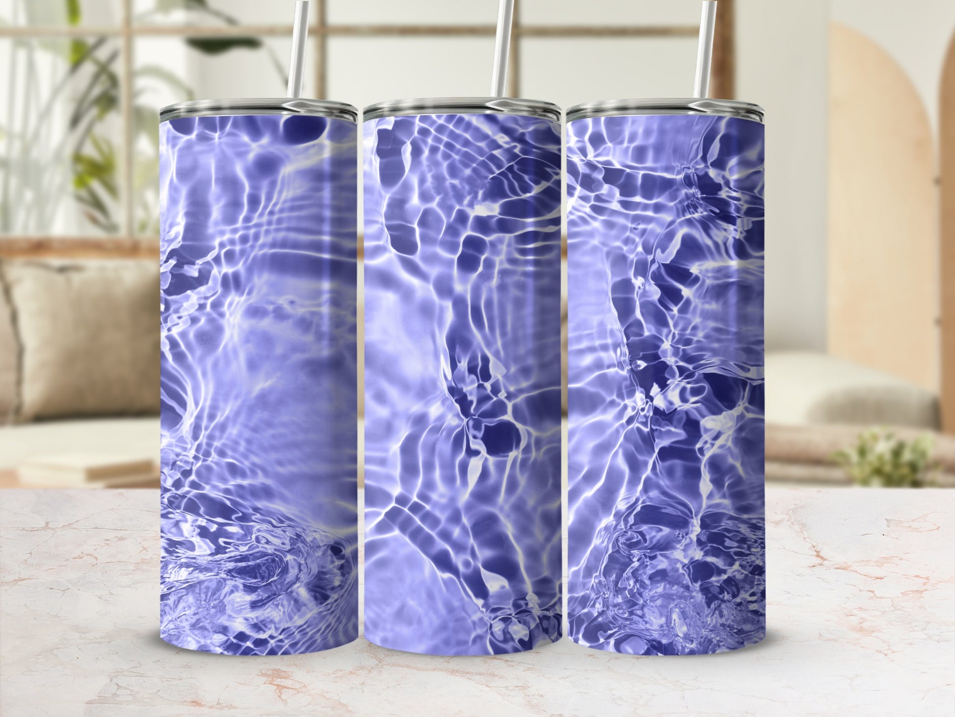 Three tumblers with a blue water ripple pattern.