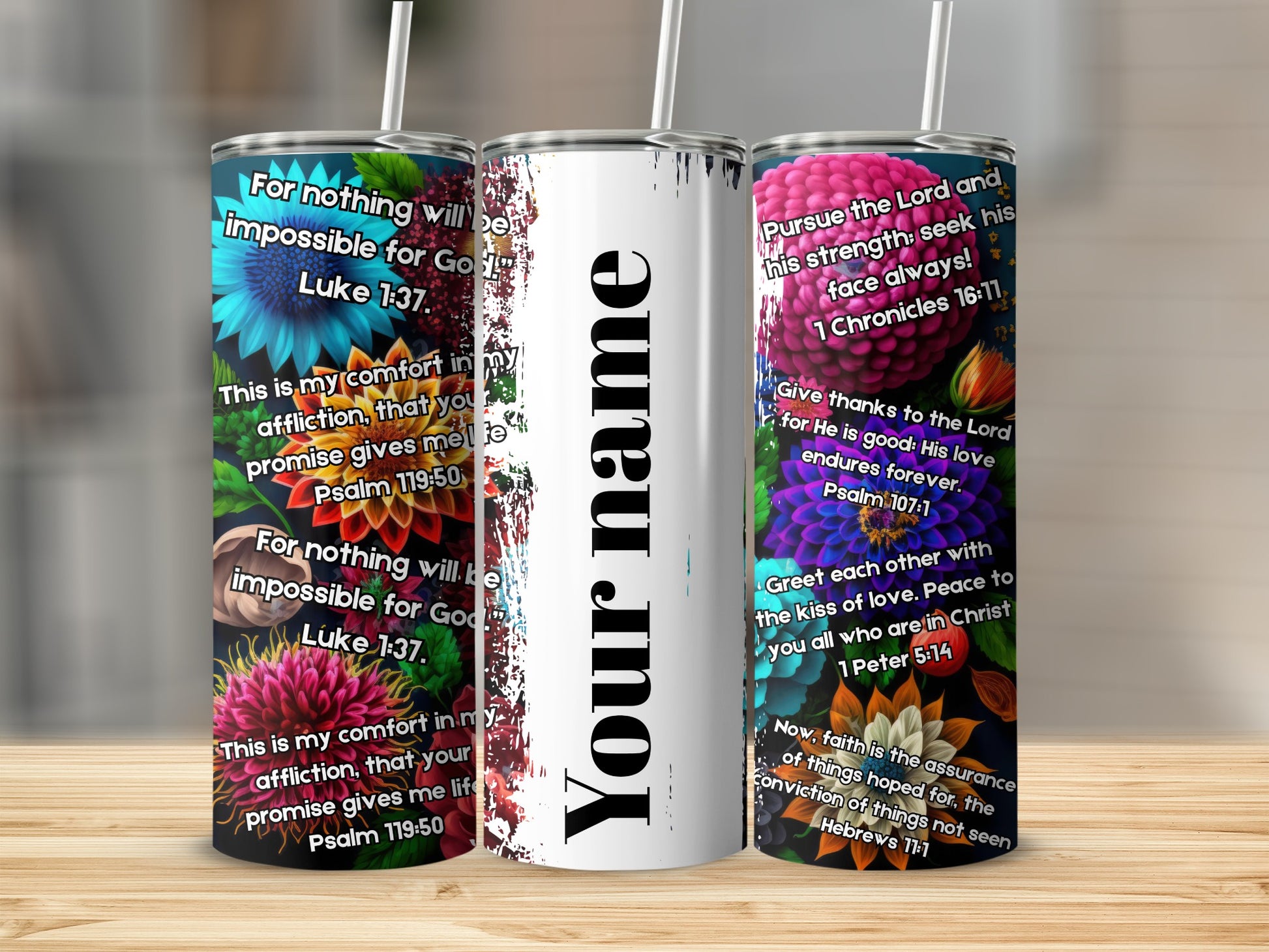 Personalized Colorful Floral Scripture Tumblers