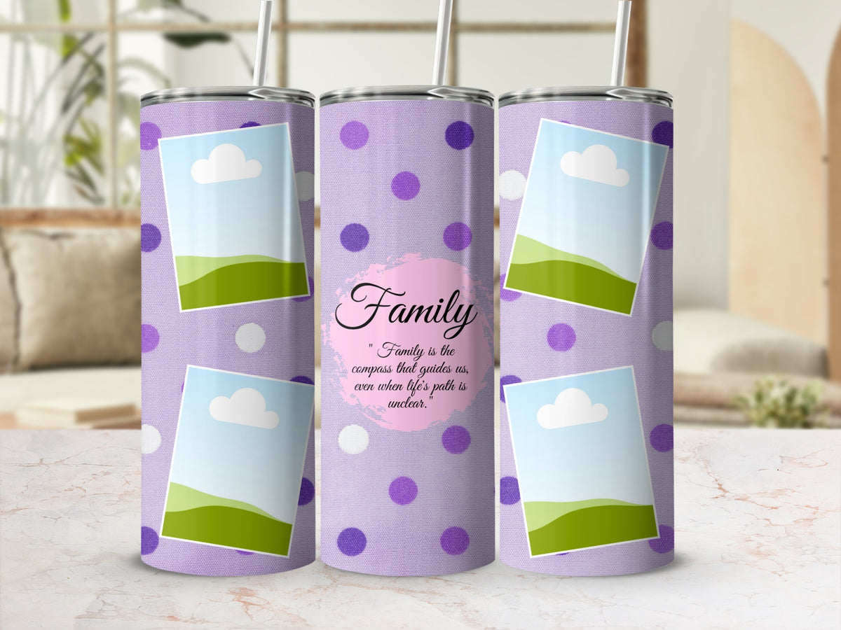 Purple polka dot tumbler with photo frames and quote "Family is the compass".