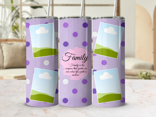 Purple polka dot tumbler with photo frames and quote "Family is the compass".