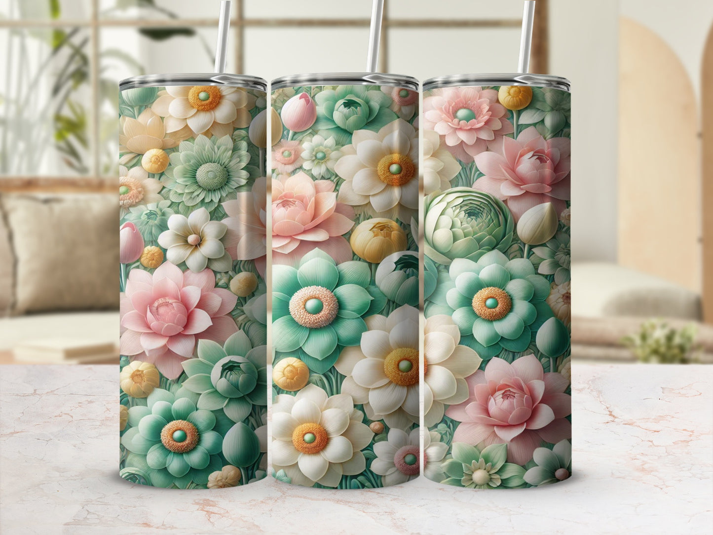 Floral Patterned Stainless Steel Tumbler with Lid