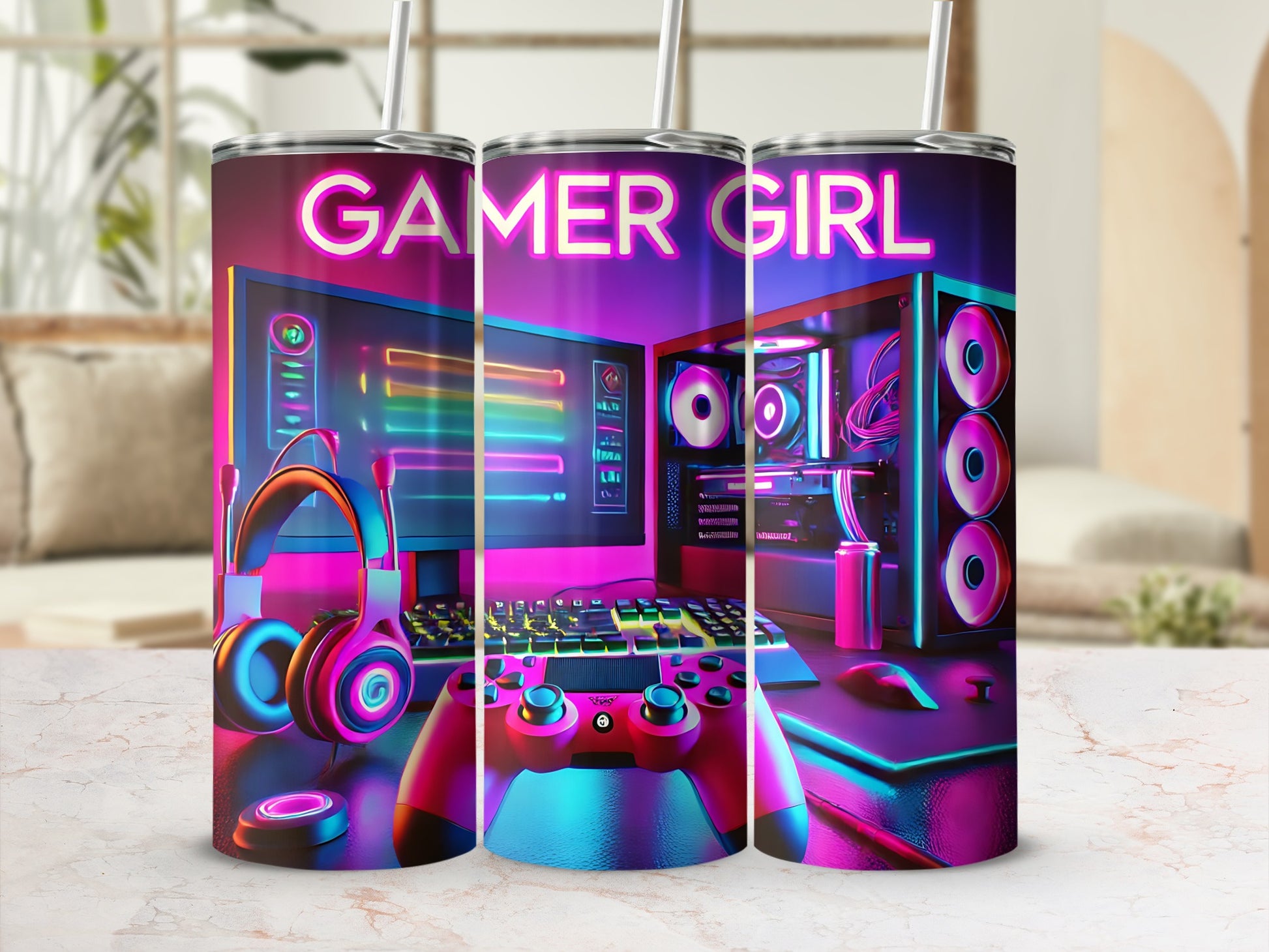Gamer Girl tumbler with gaming setup, computer, and headphones.