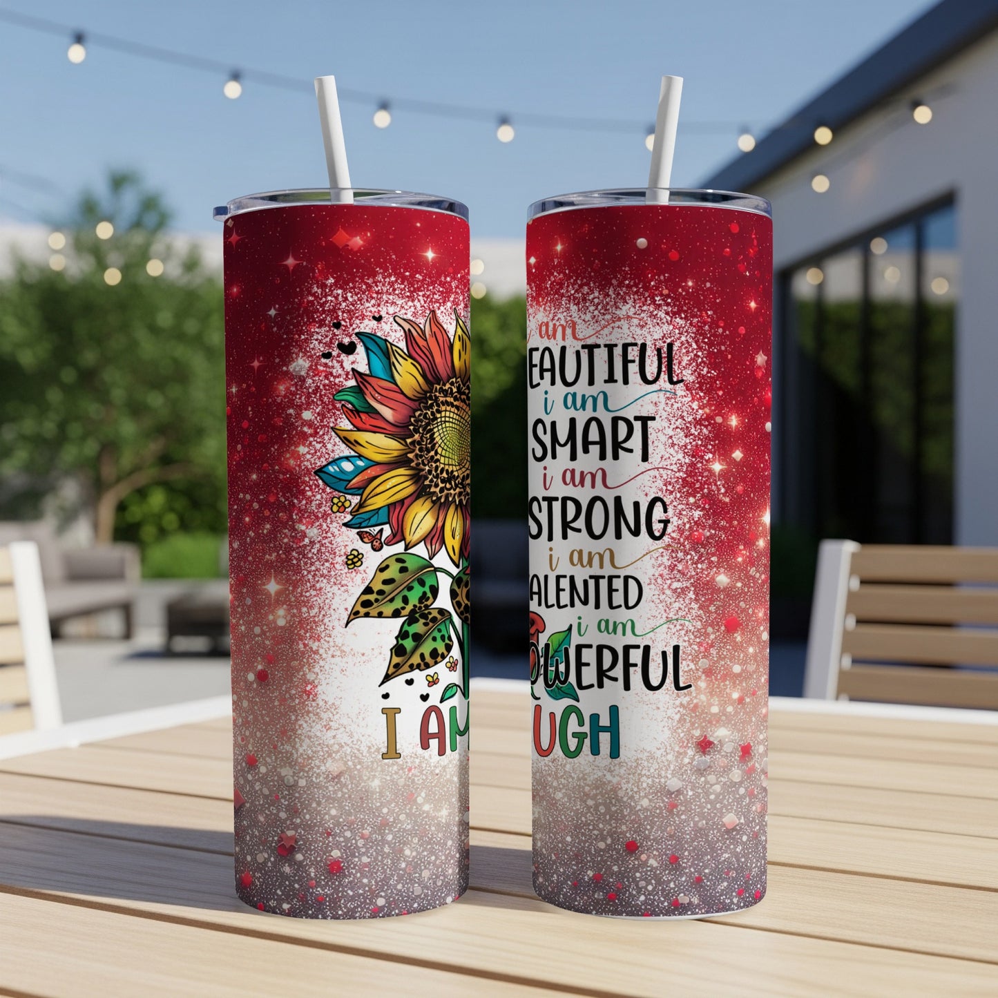 Two tumblers with sunflower design and inspirational text "I am beautiful, smart, strong, talented, powerful".