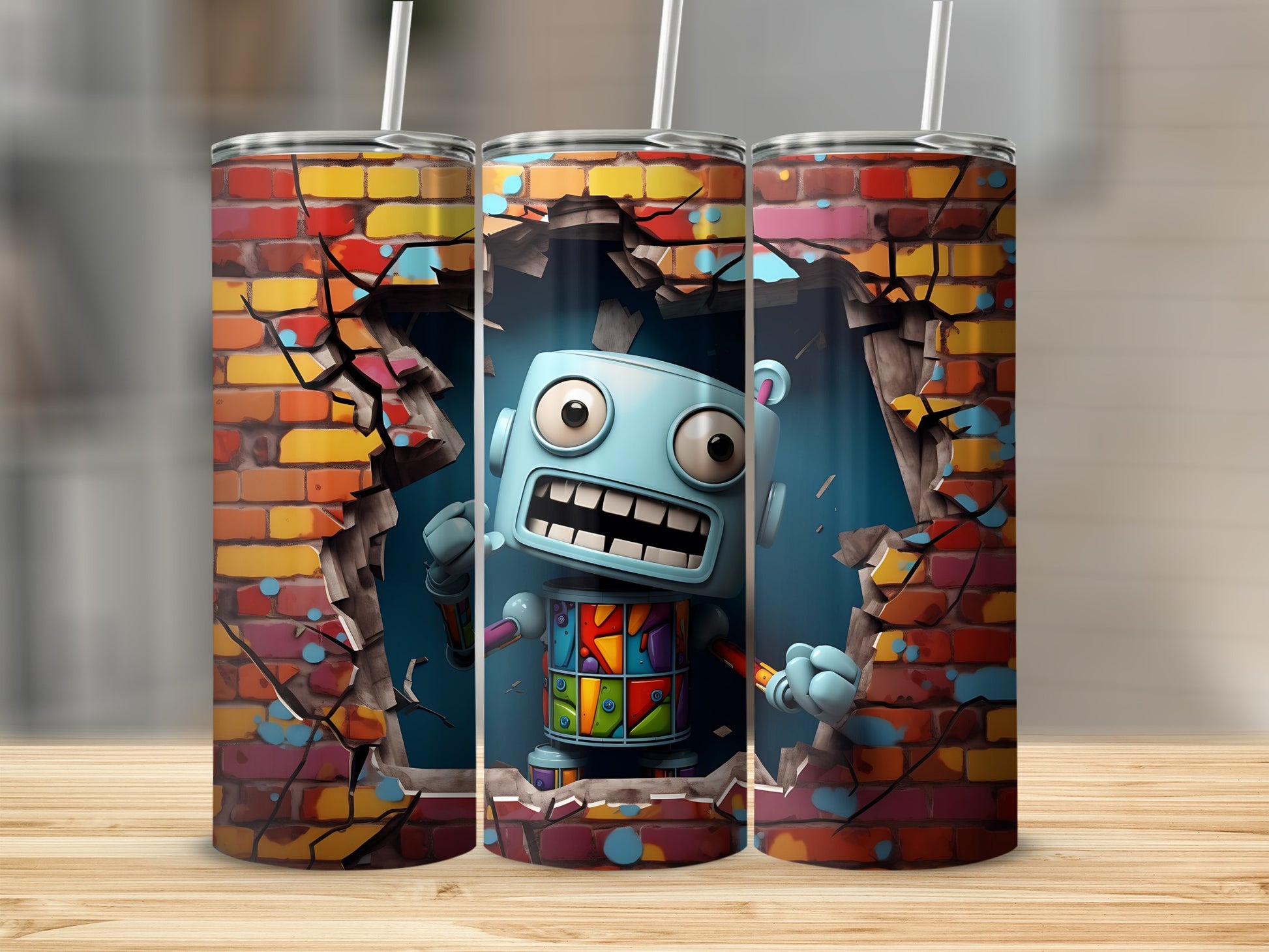 Colorful Robot Breaking Through Brick Wall Tumbler