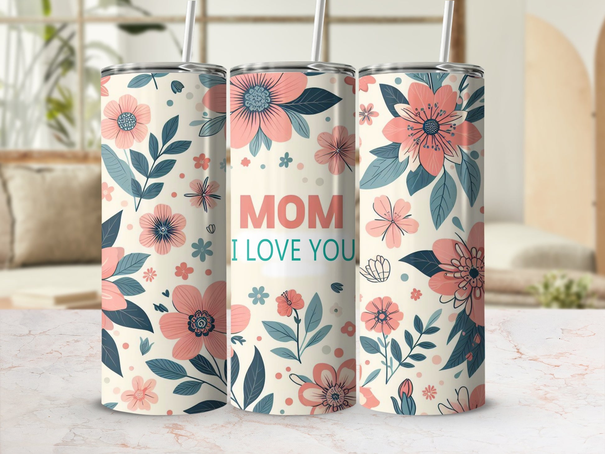 Floral tumbler with "MOM I LOVE YOU" text.