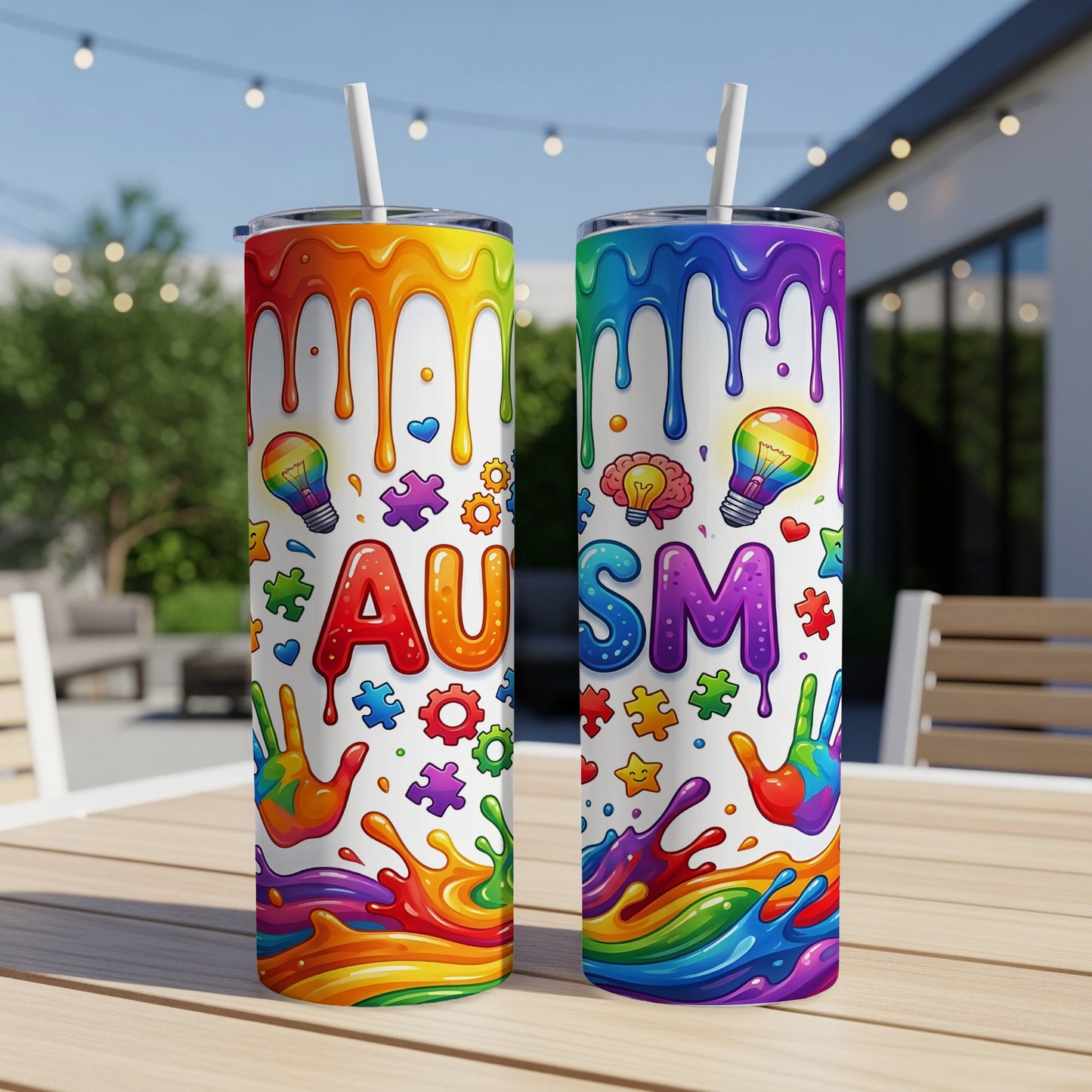 Two colorful tumblers with "AUTISM" in rainbow liquid letters and puzzle piece graphics.