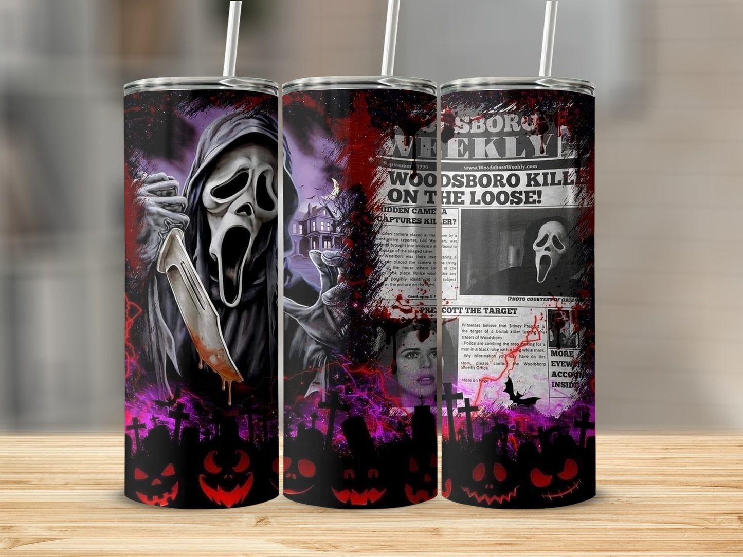 Ghostface mask and "Woodsboro Weekly" newspaper headline about a killer.