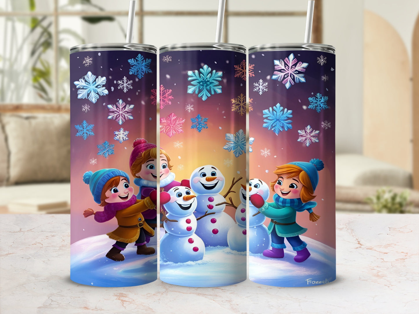 Three cartoon snowmen and children celebrate in a snowy, colorful landscape.