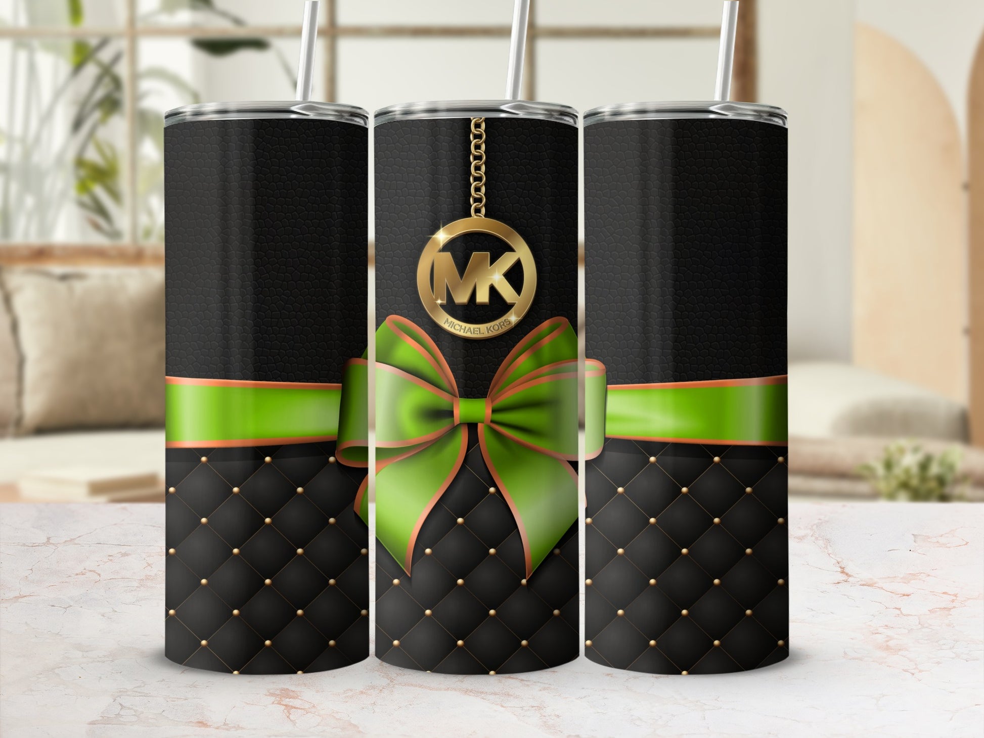 Elegant Black Green Ribbon and Gold Chain Tumbler Product