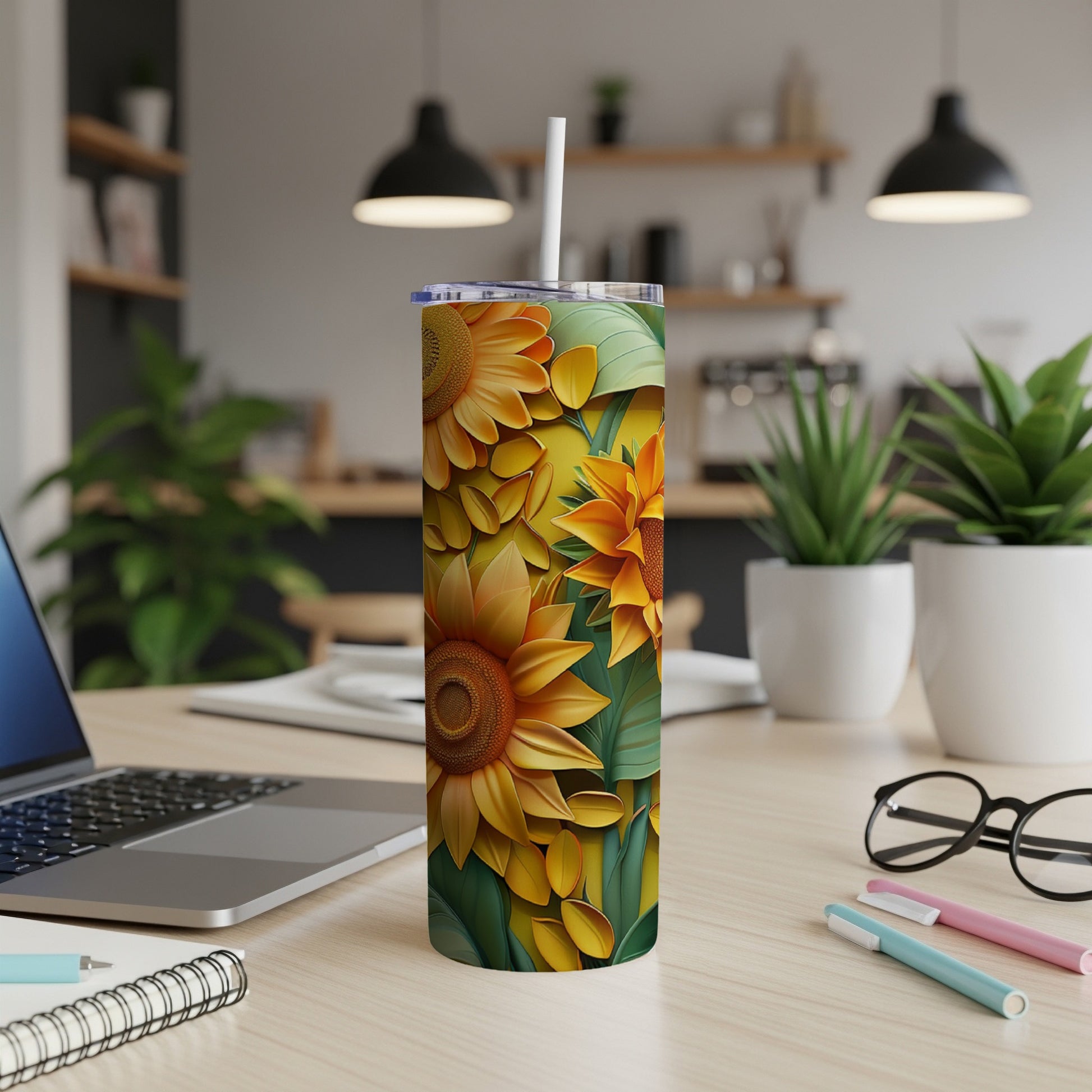 Tall tumbler with sunflowers and green leaves pattern.