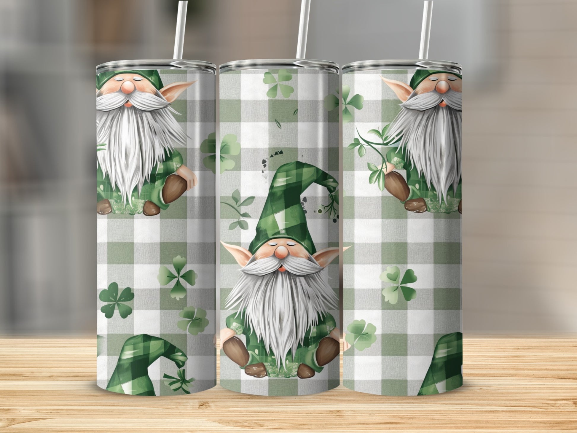 Green gnome with striped hat and beard on plaid background with shamrocks.