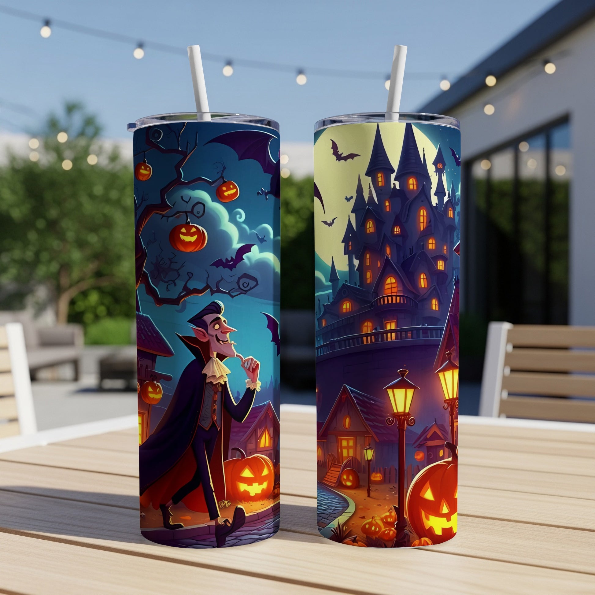 Two tumblers with Halloween illustrations of a vampire and a haunted castle.