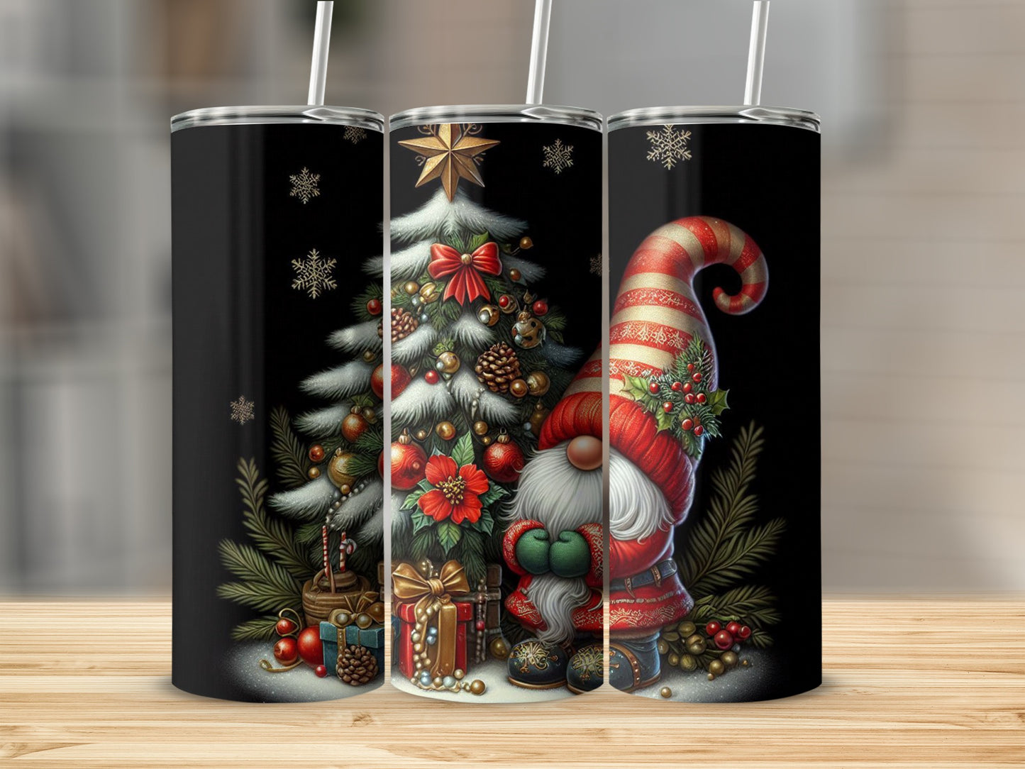 Three tumblers with festive Christmas gnome and tree designs.