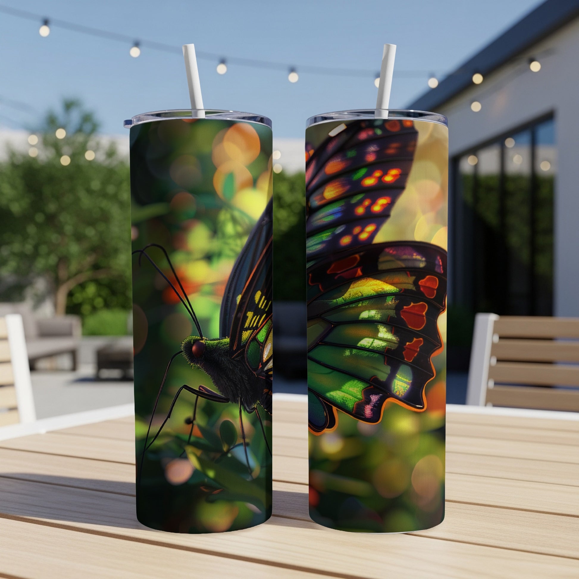 Two tumblers with a colorful butterfly design, displayed outdoors.