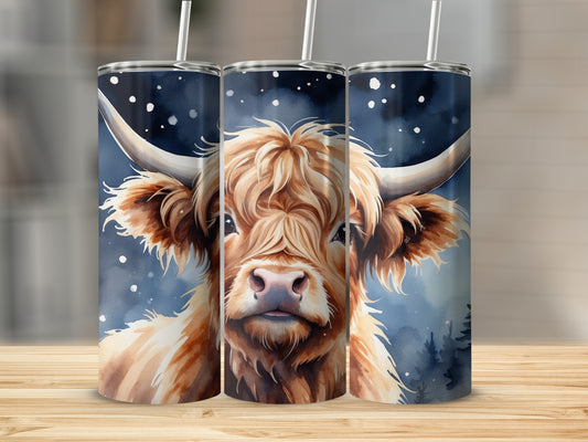 Highland cow with snowflakes on three tumblers.