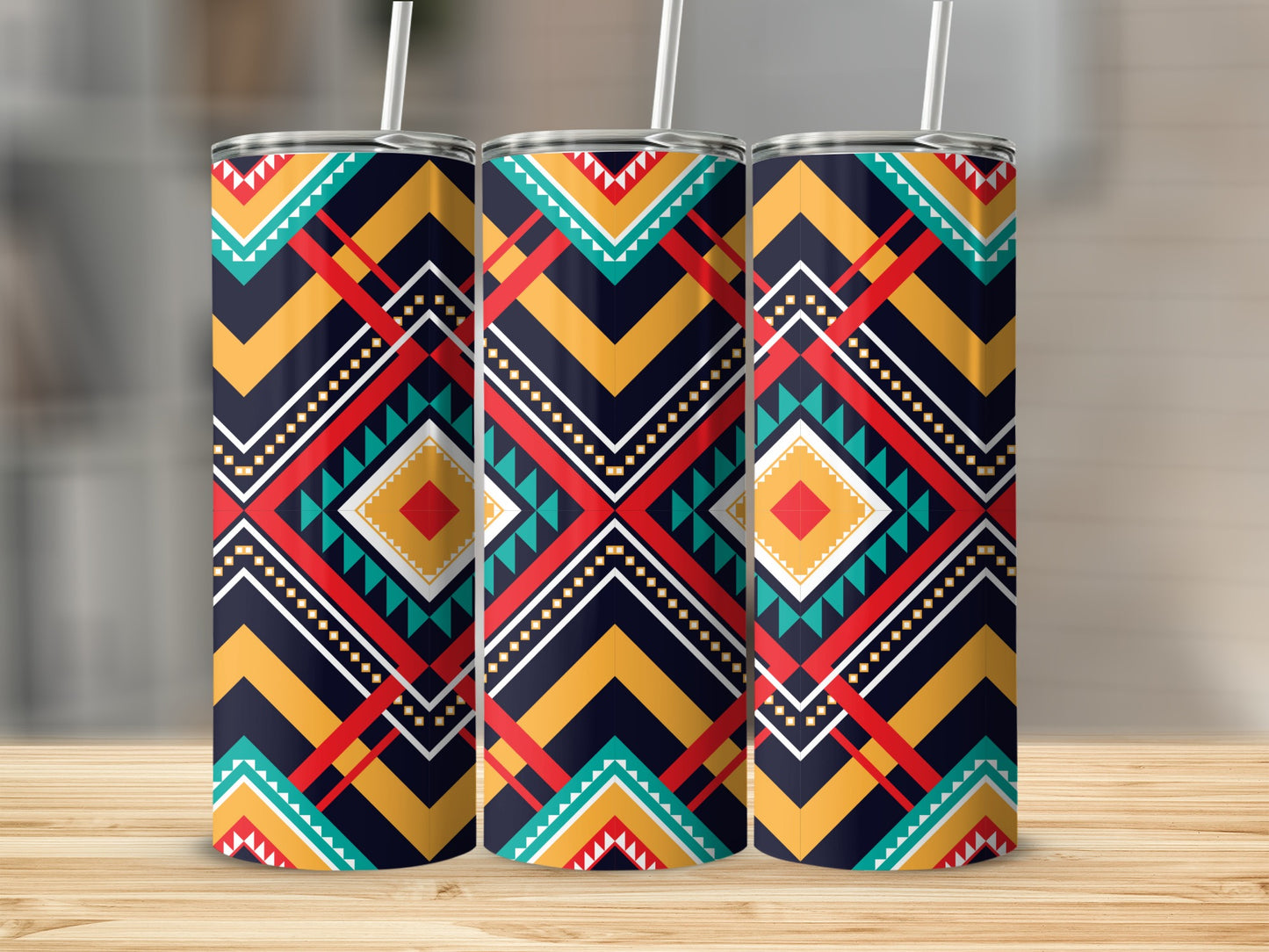 Colorful Tribal Design Tumbler With Straw