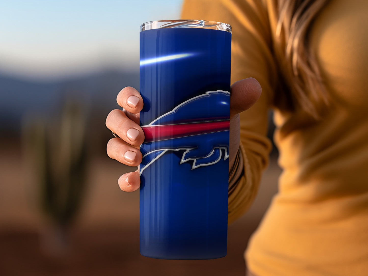Buffalo Bills Logo in Blue with Red Tumblers