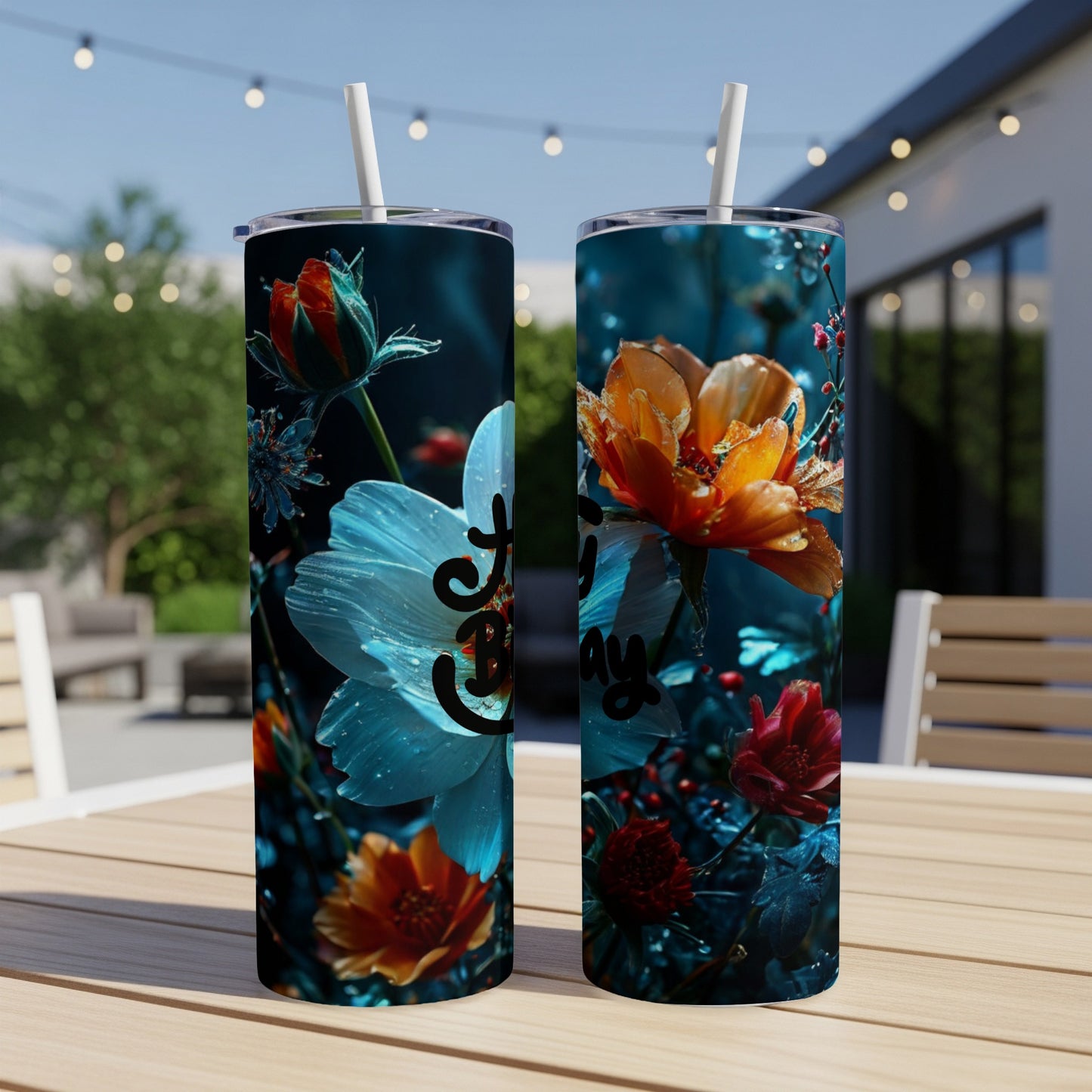 Two tumblers with floral designs and "Happy Birthday" text.