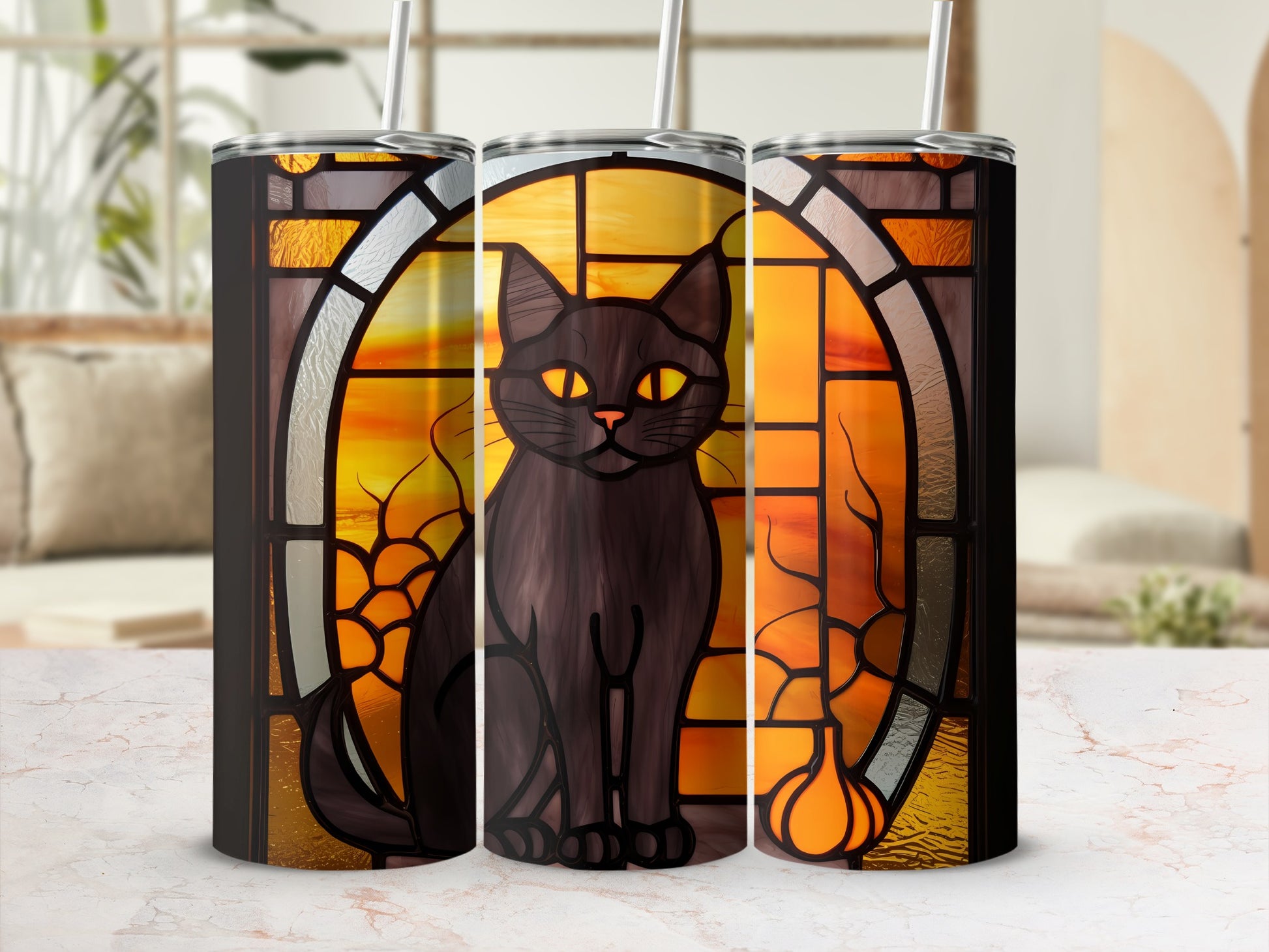 Black cat sitting in front of stained-glass window with warm tones.