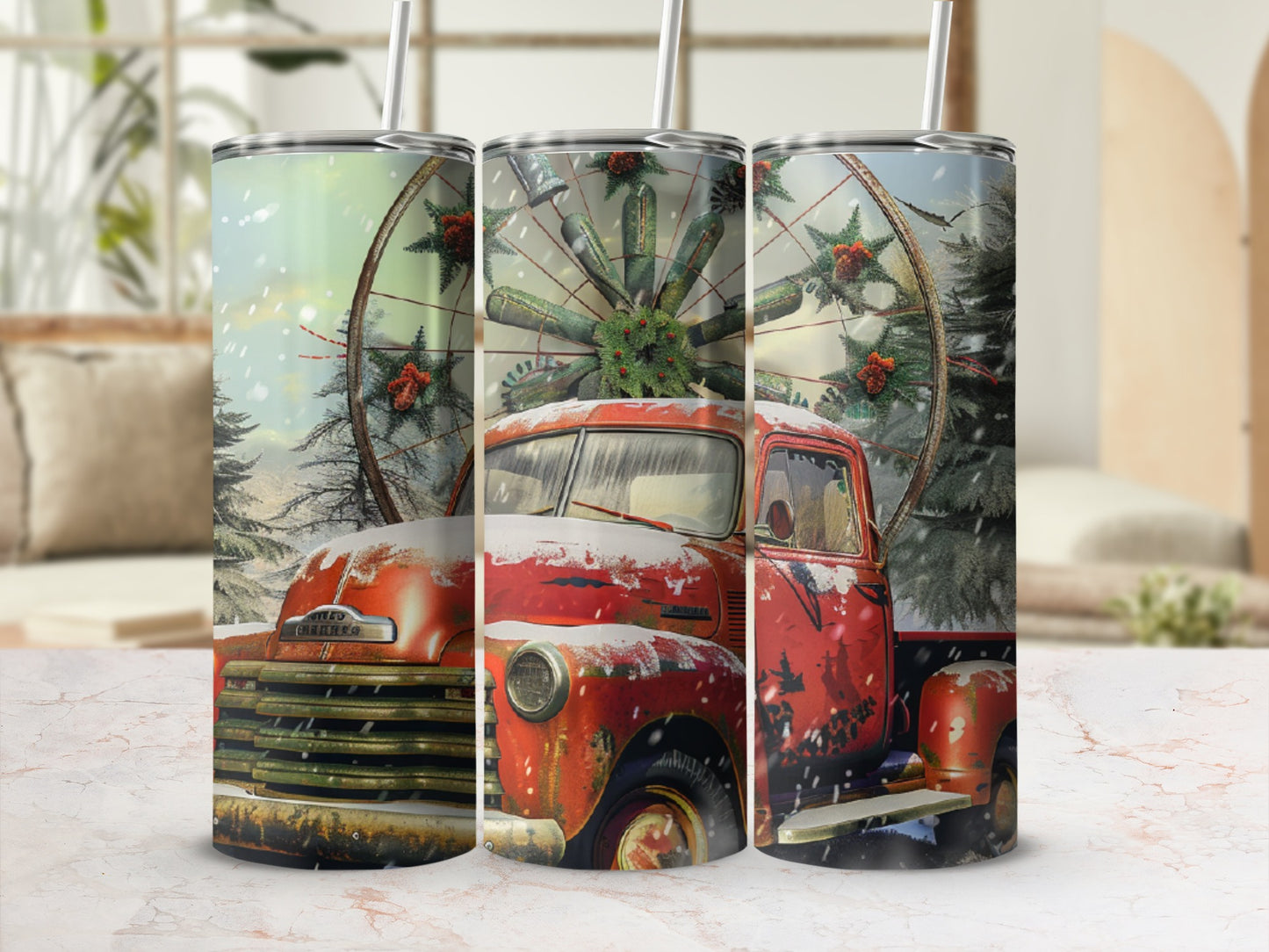 Three snow-covered tumblers featuring a vintage red truck at a Christmas fair.