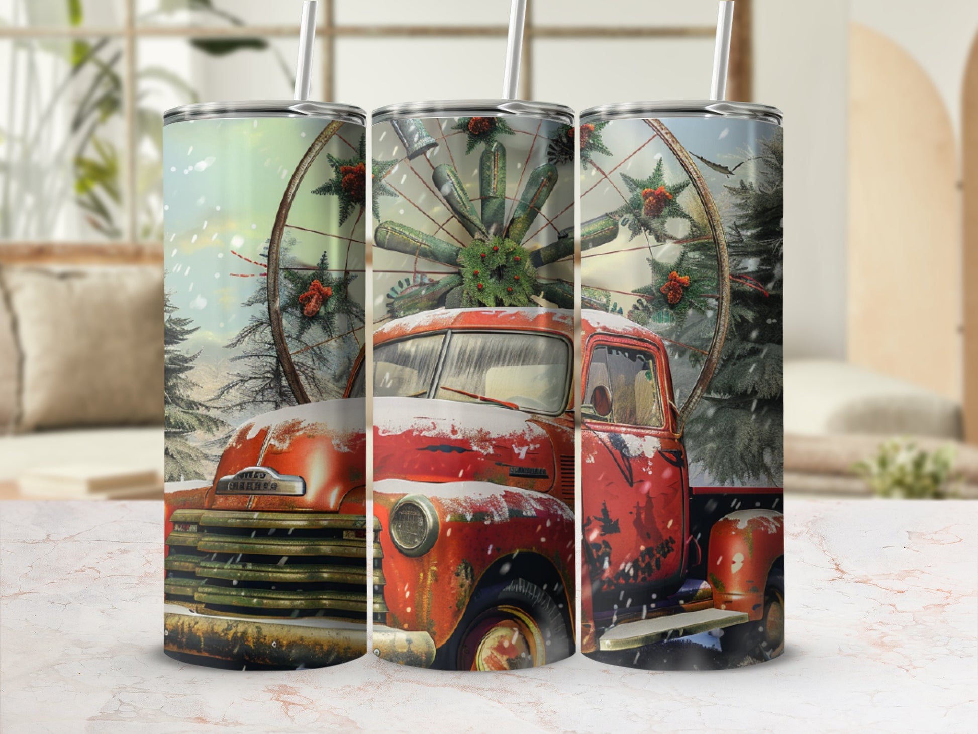 Three snow-covered tumblers featuring a vintage red truck at a Christmas fair.