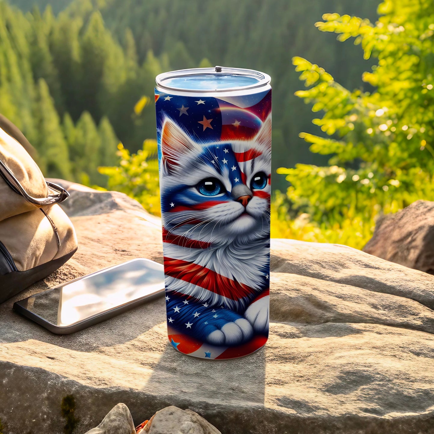 USA flag themed cat on a stainless steel tumbler.