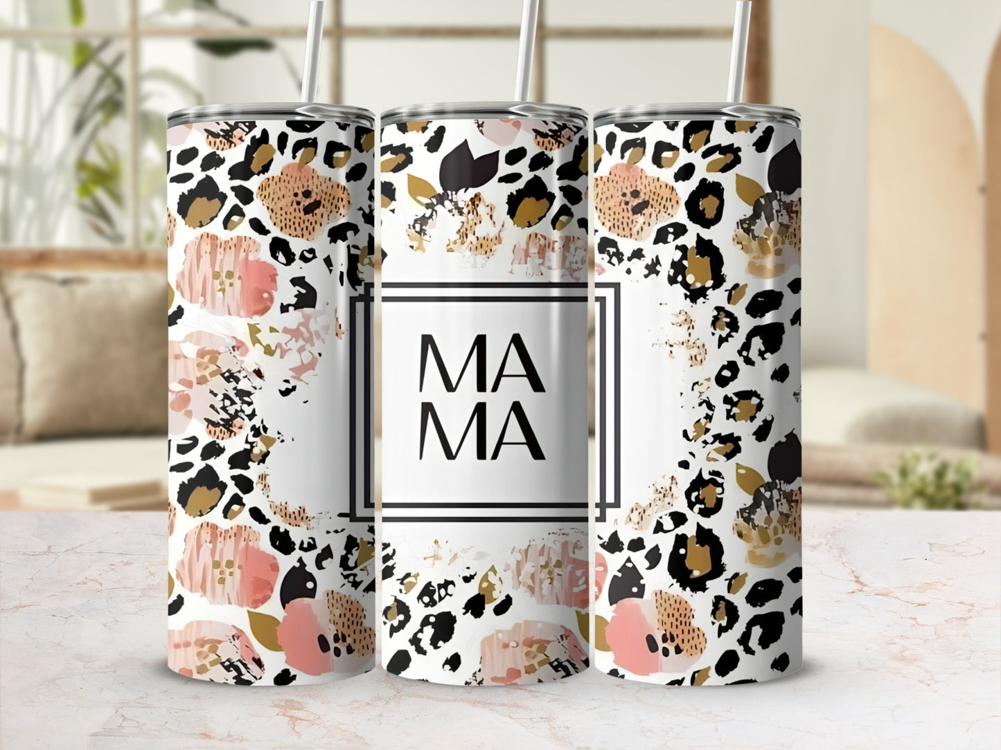 Three tall tumblers with leopard print and floral accents, one labeled "MAMA MAMA".