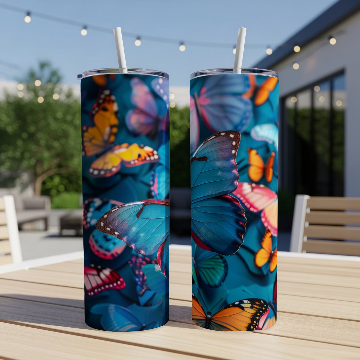 Two tumblers with a close-up, vibrant butterfly pattern.