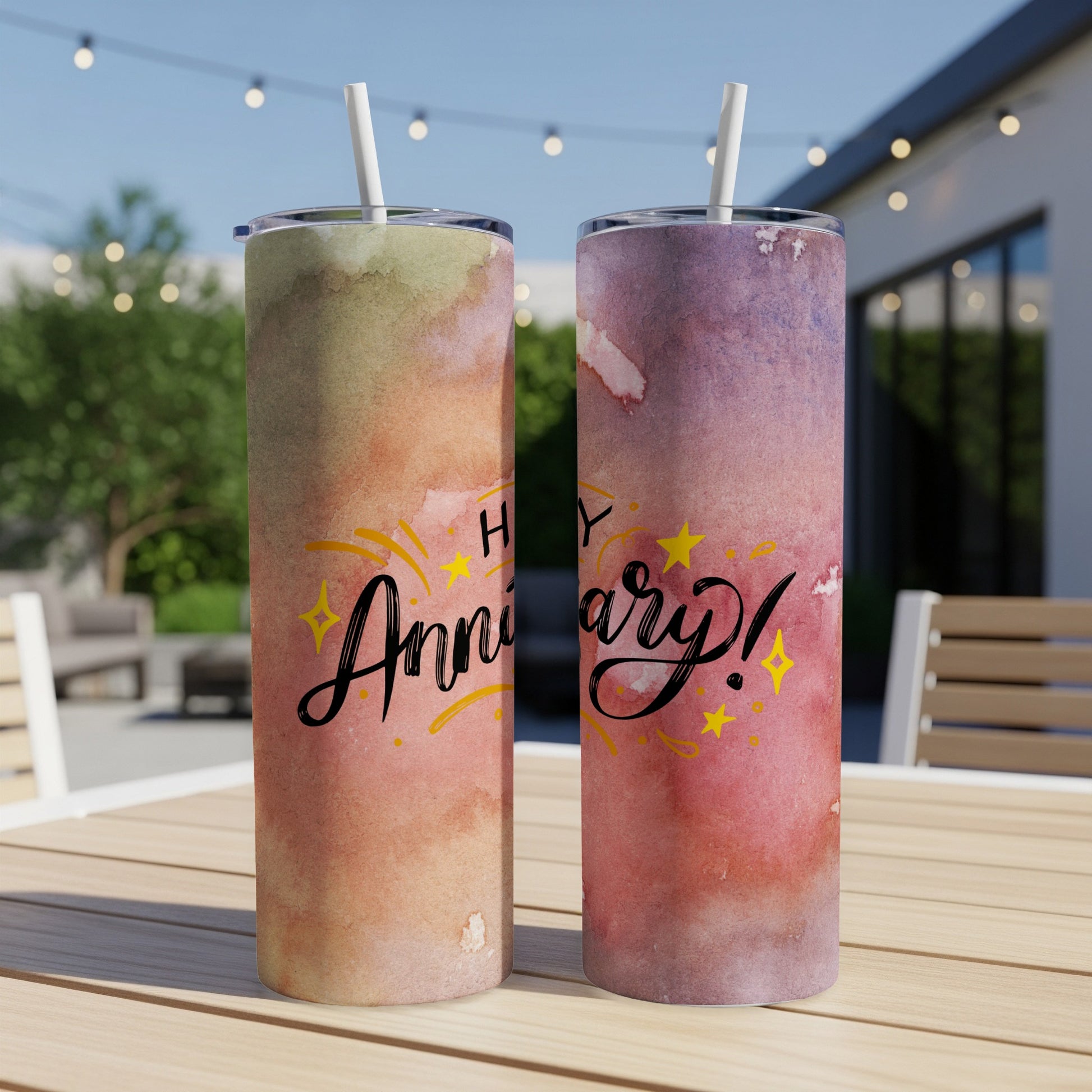 Two tumblers with "Happy Anniversary!" in script and star accents.
