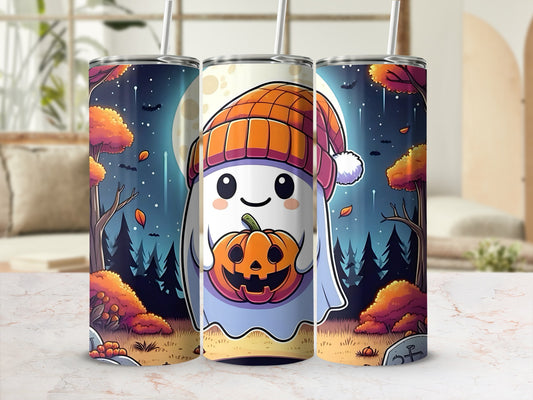 Three tumblers with a cute ghost holding a pumpkin on a spooky forest background.