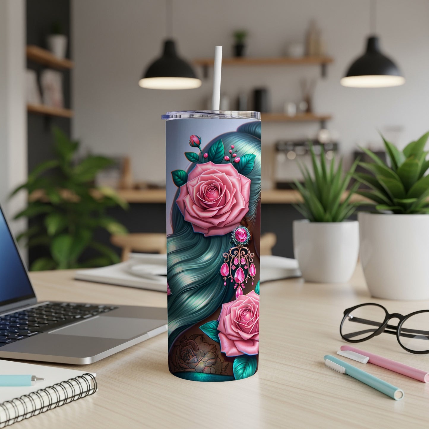 Tumbler featuring a teal-haired woman with pink roses and jewelry.