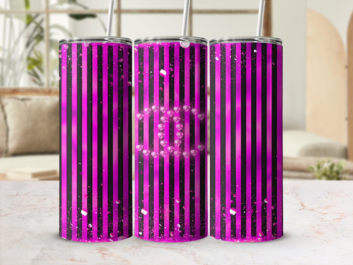 Glittery Pink and Black Striped Tumbler Design