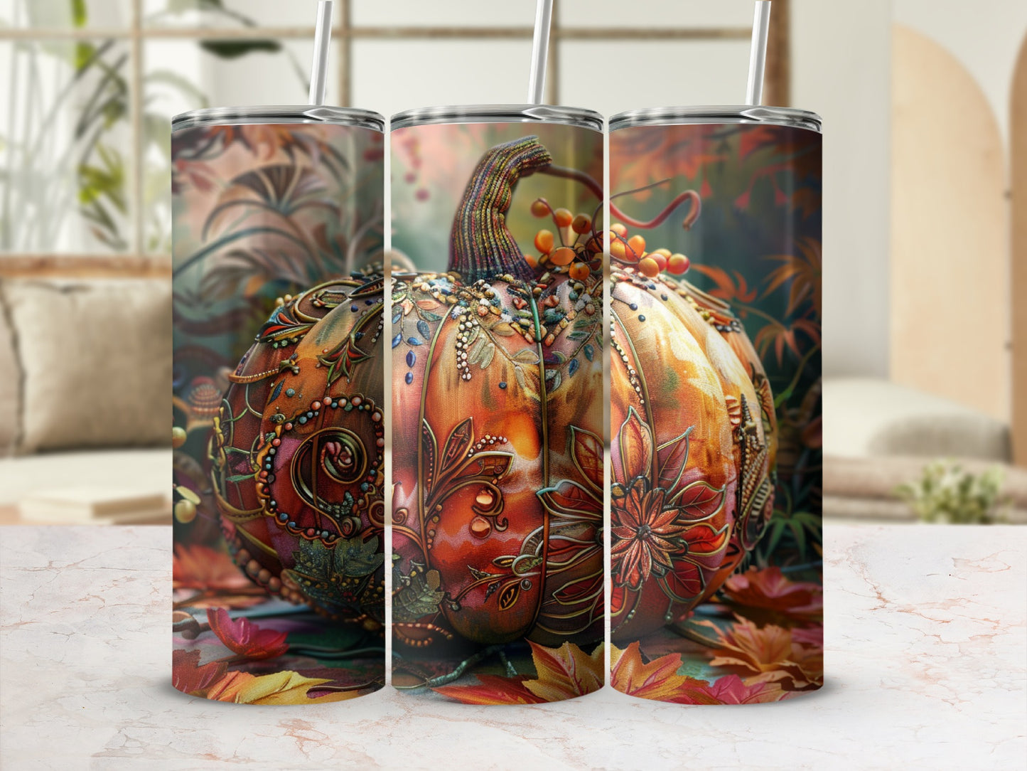 Ornate pumpkin tumbler with fall leaves and floral accents.