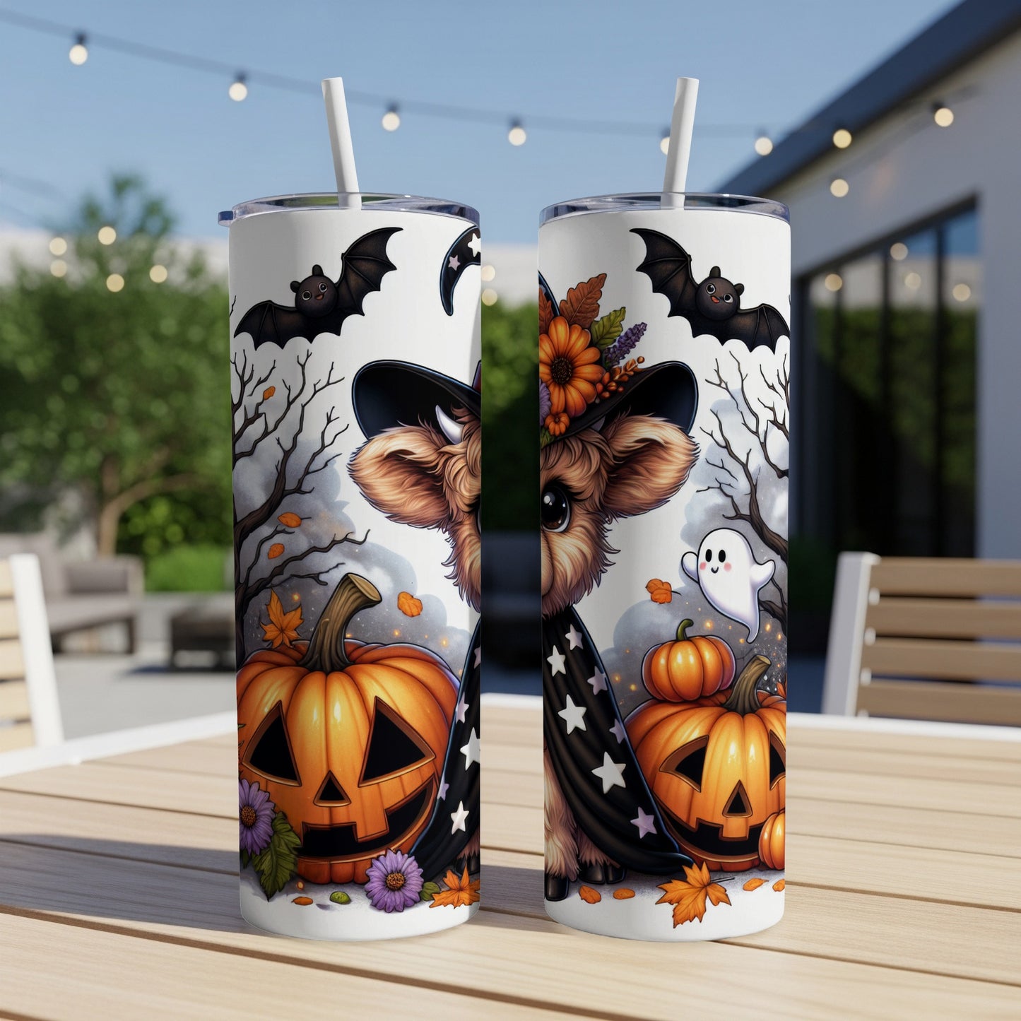 Halloween tumbler with a dog wearing a witch hat, pumpkins, bats, and a ghost.