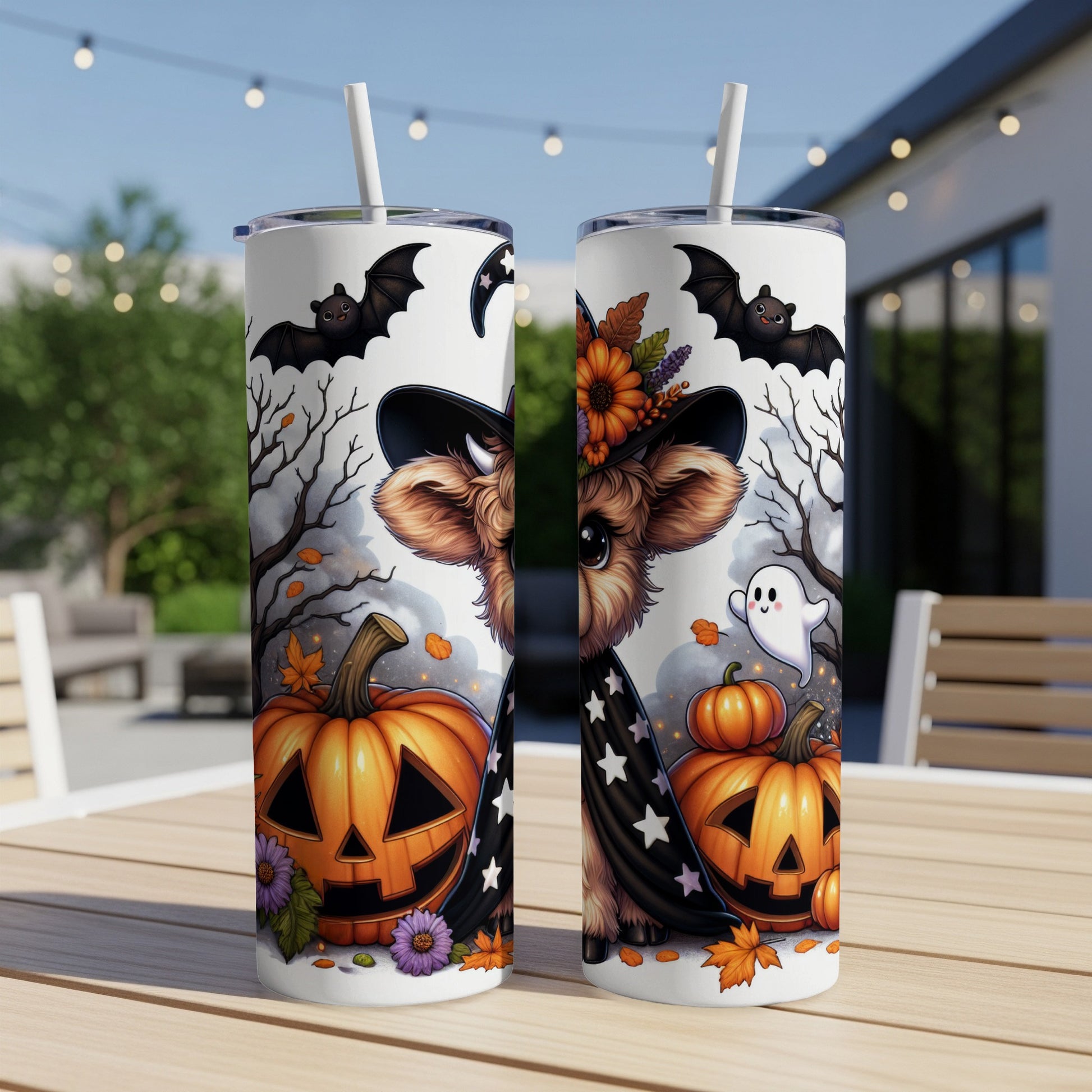 Halloween tumbler with a dog wearing a witch hat, pumpkins, bats, and a ghost.