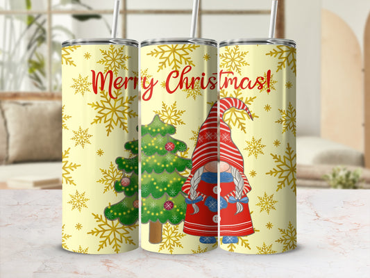 Yellow tumbler with Merry Christmas text, Christmas tree, and gnome.