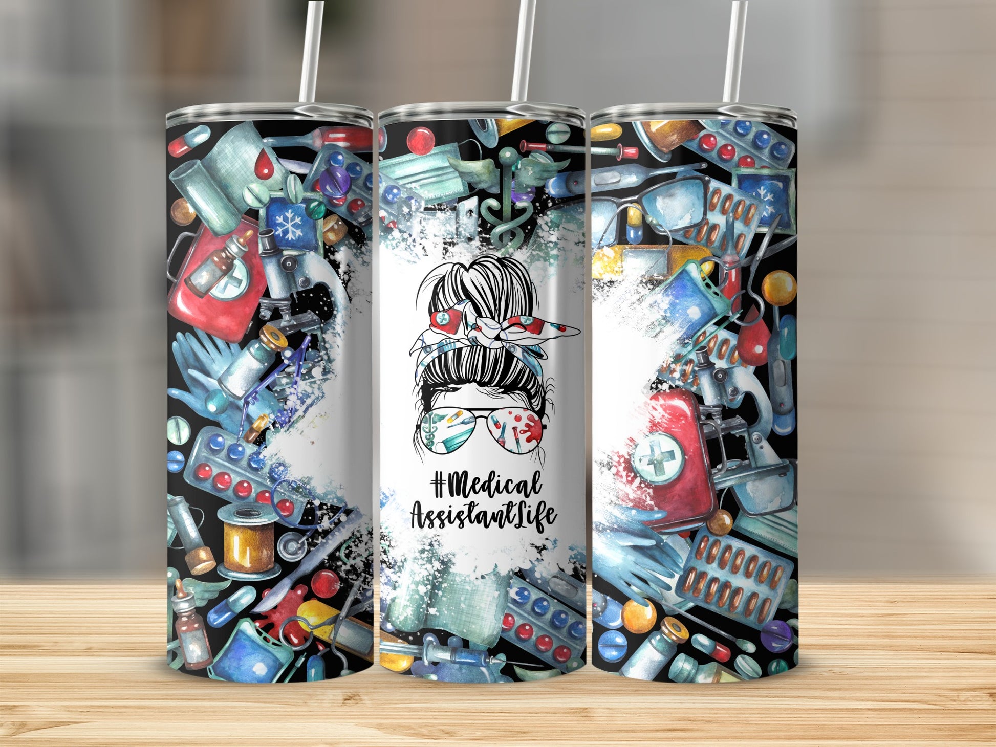 Medical Assistant life tumbler with medical supplies and colorful abstract background.