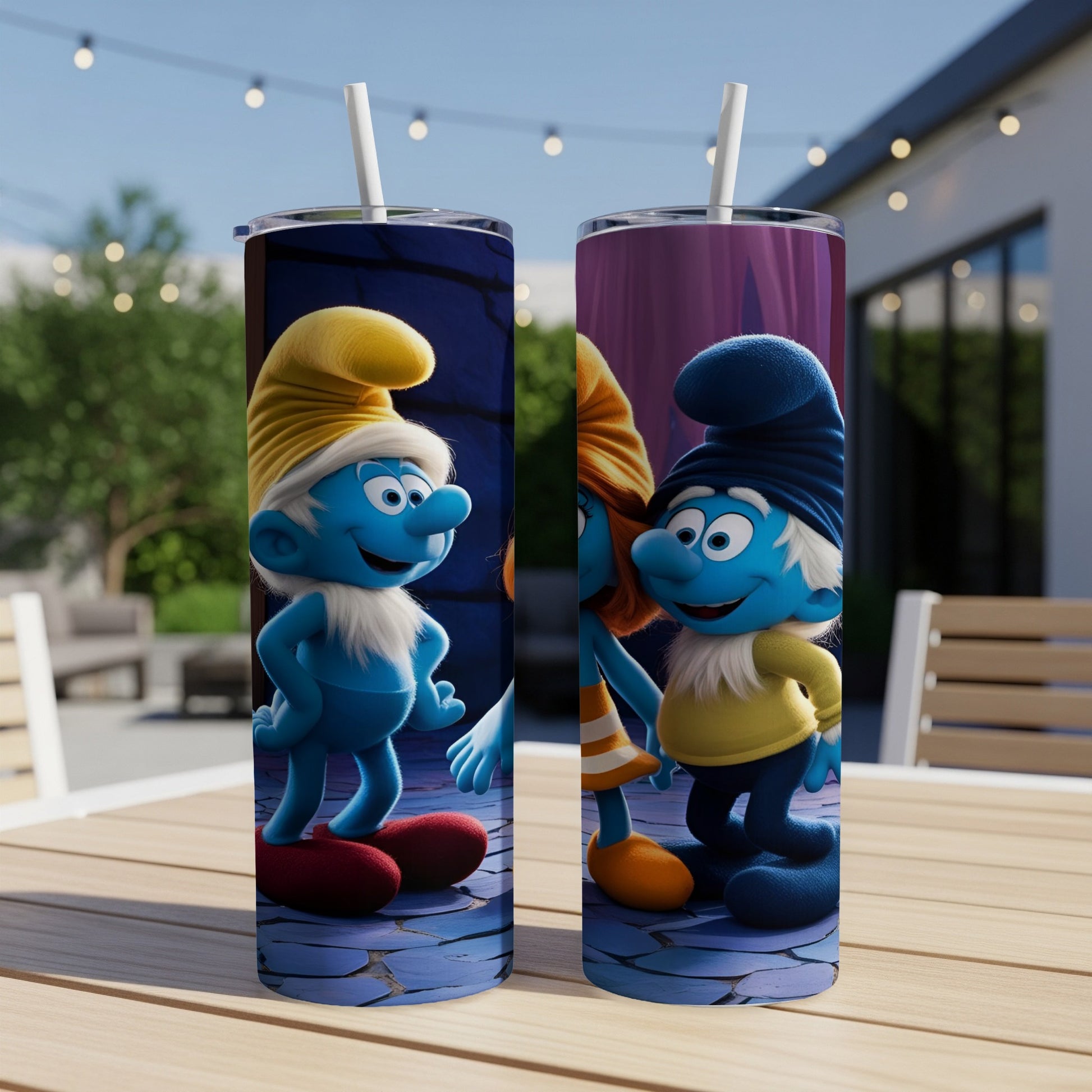 Smurf and Smurfette characters on blue background, featured on tumblers.