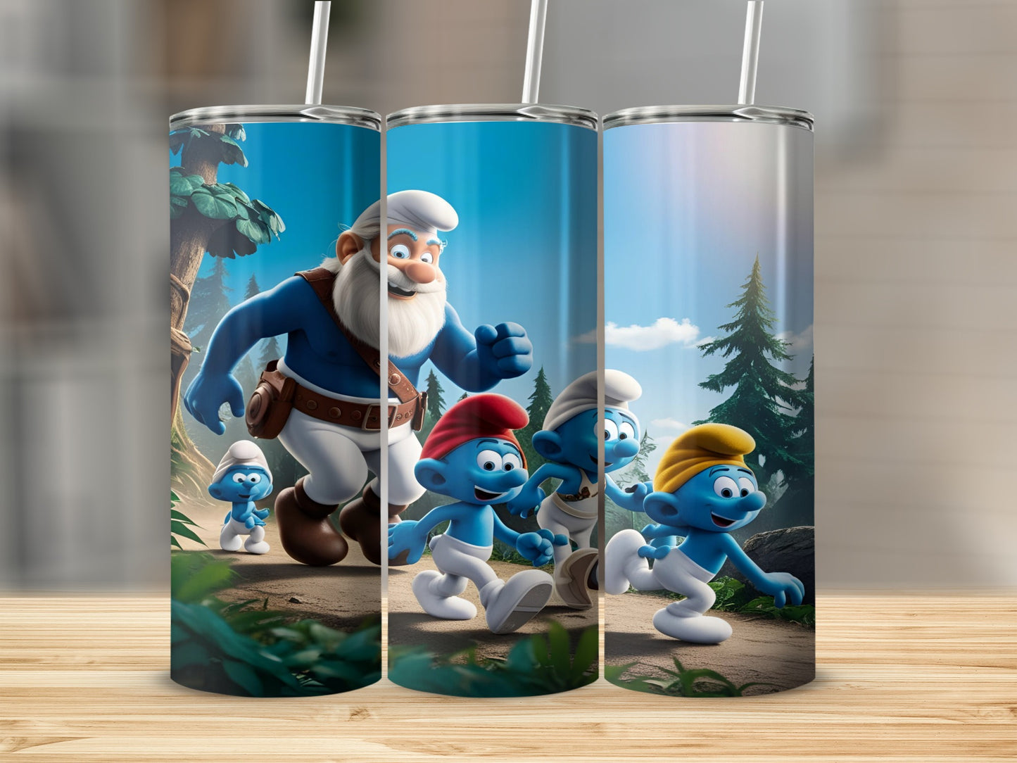 Smurfs and Grandpa Smurf running on a forest path.