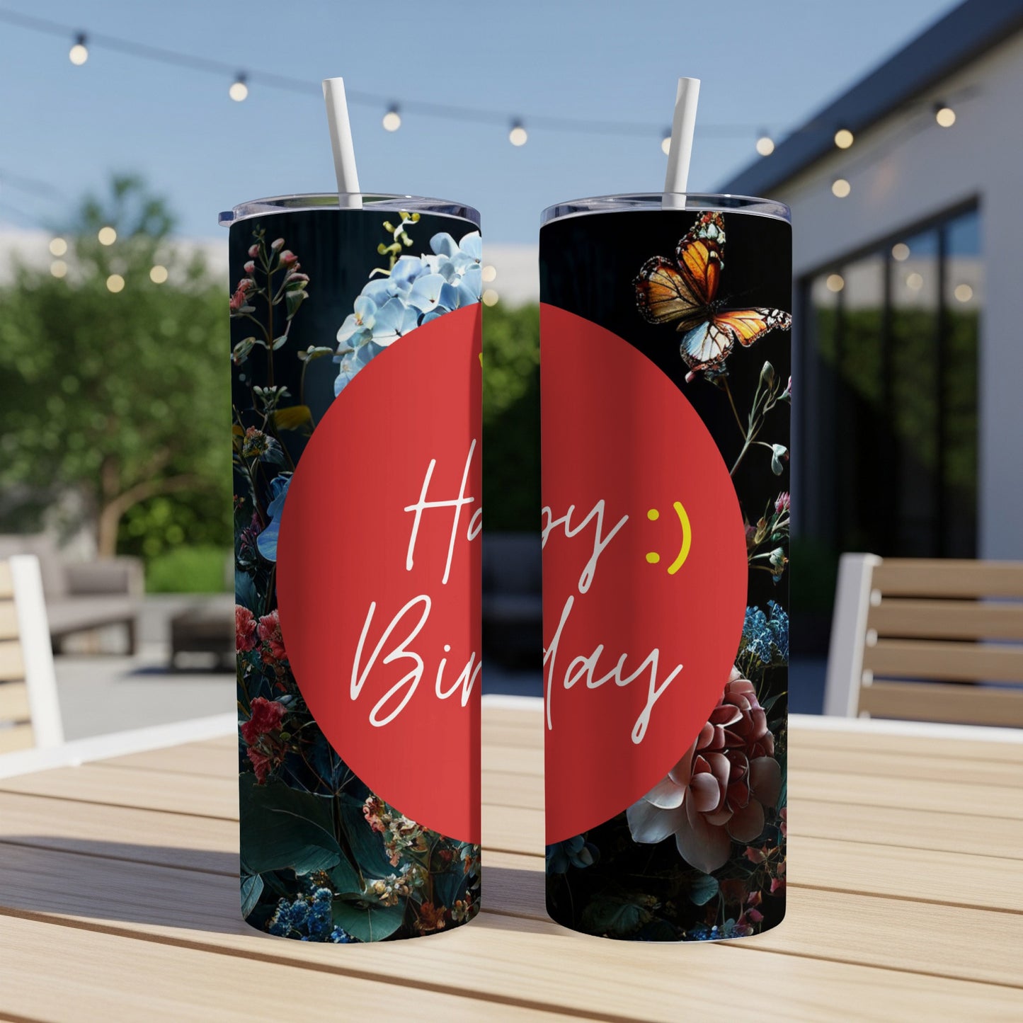 Two tall tumblers with a red circle and "Happy Birthday" text.