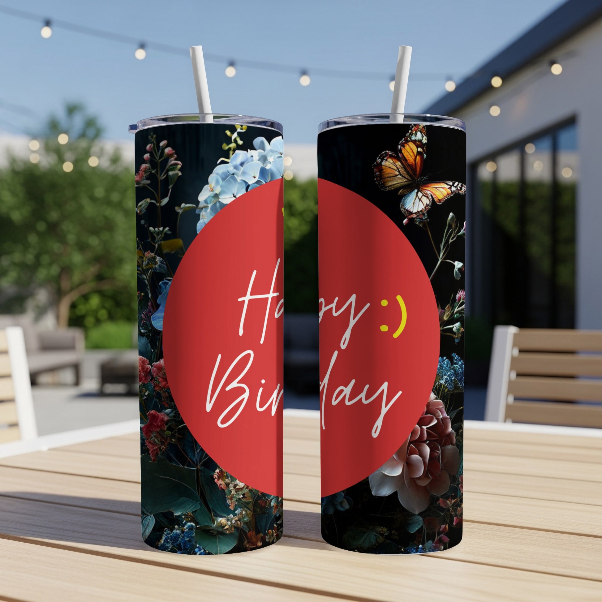 Two tall tumblers with a red circle and "Happy Birthday" text.
