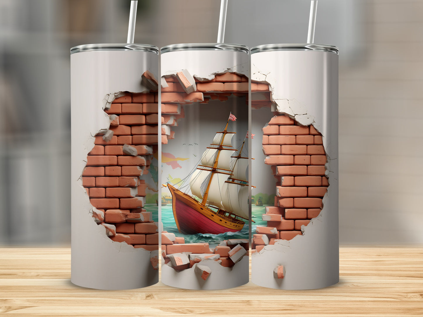 Sailing Ship Through Brick Wall Scene Tumbler